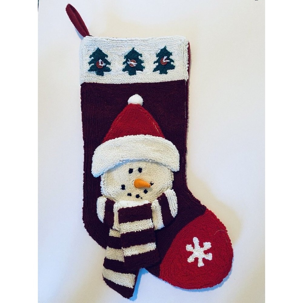 Sugar Plum Dreams Snowman Face Chenille Christmas Stocking Red White 19”